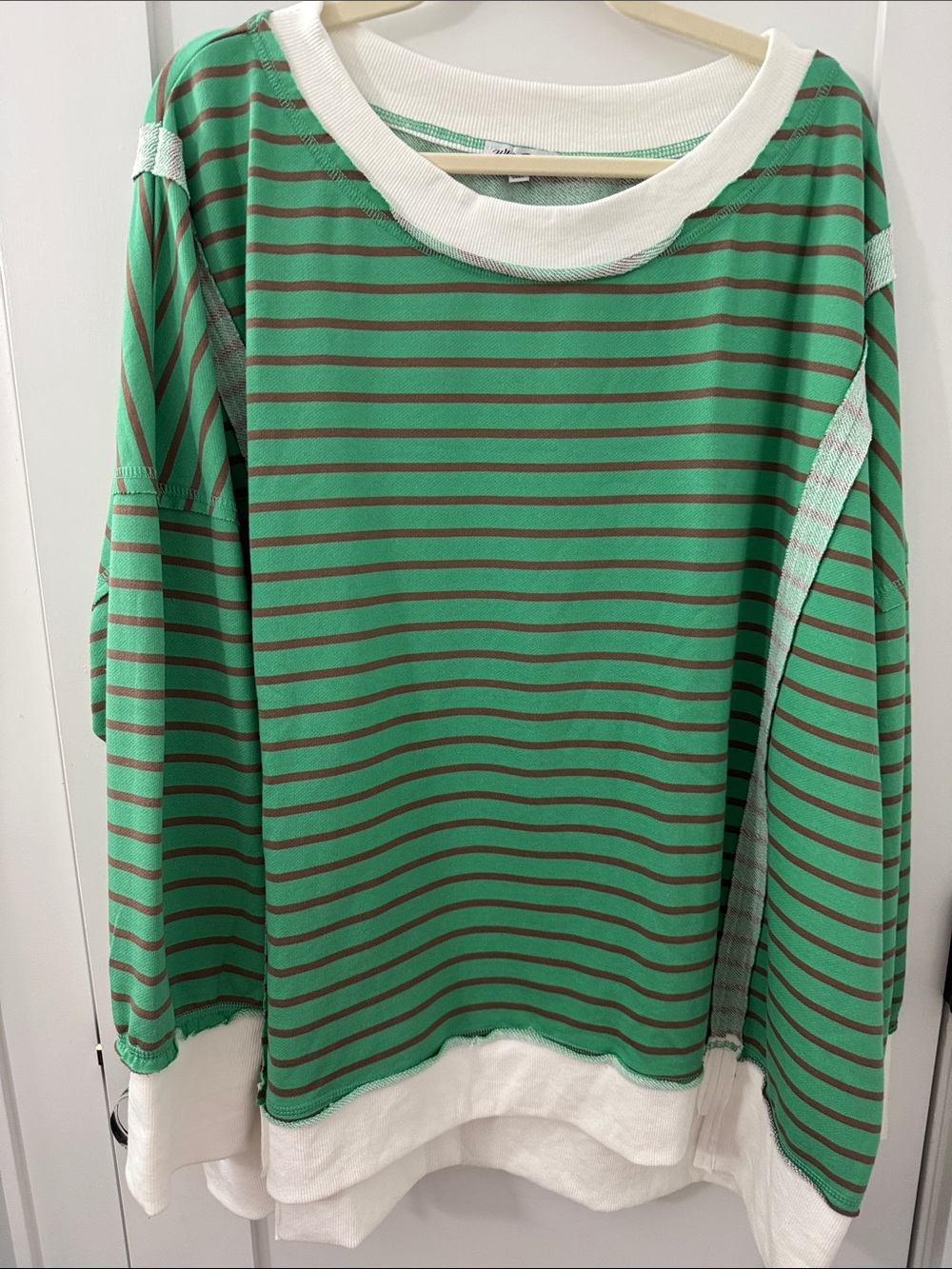 white birch Green & Brown Striped Crewneck Sweatshirt with White Trim